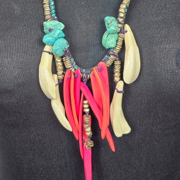 Handmade Tribal Turquoise Wood Silver Bead Bone Artisinal Necklace OOAK - Picture 12 of 14